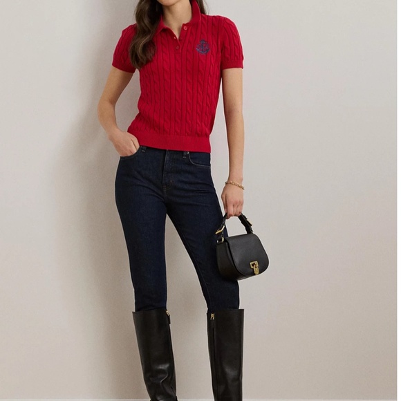 NWT Ralph Lauren Women's Anchor-Logo Cable-Knit Red Polo Sweater Size US XL - Picture 4 of 7